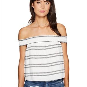 ASTR The Label Size Medium Maite White/Black Stripe Off Shoulder Smocked top